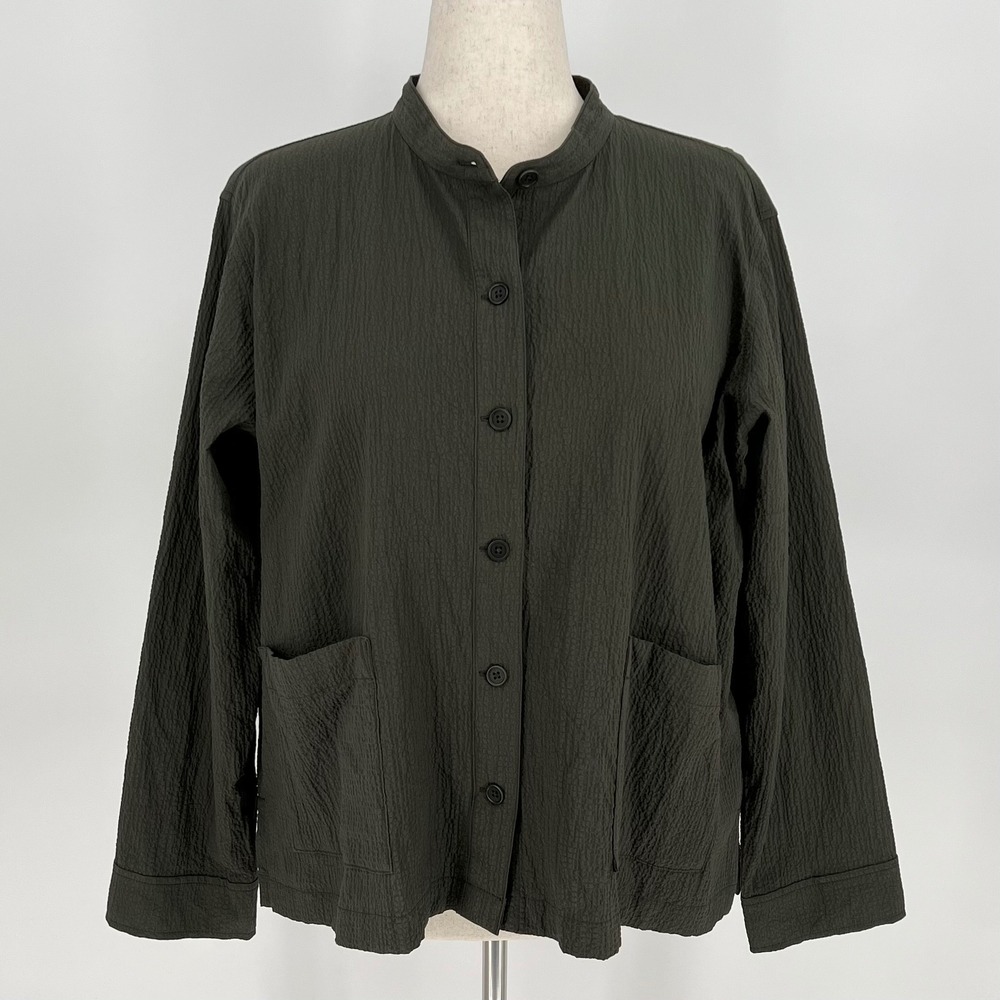 Eileen Fisher Womens Pucker Boxy Button Front Shirt Jacket Size XL Olive Green